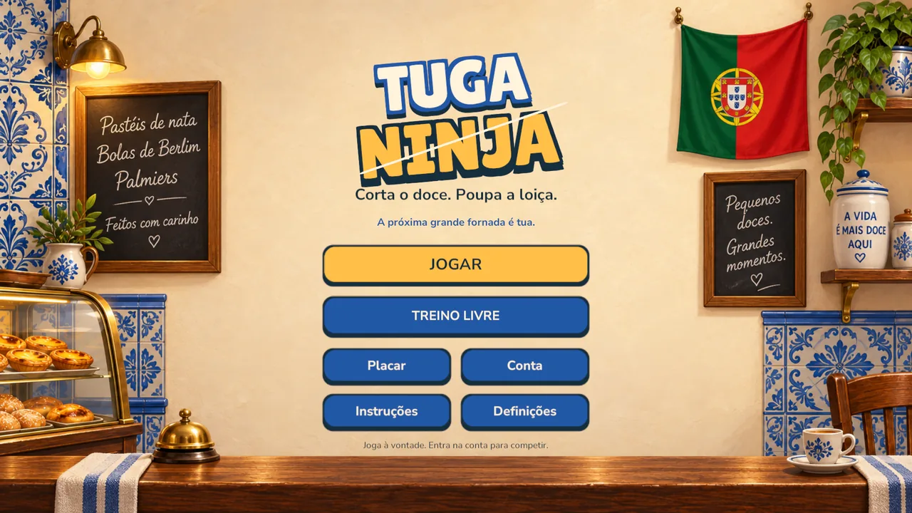 Tuga Ninja Portuguese menu with play, practice, instructions, leaderboard and settings options.