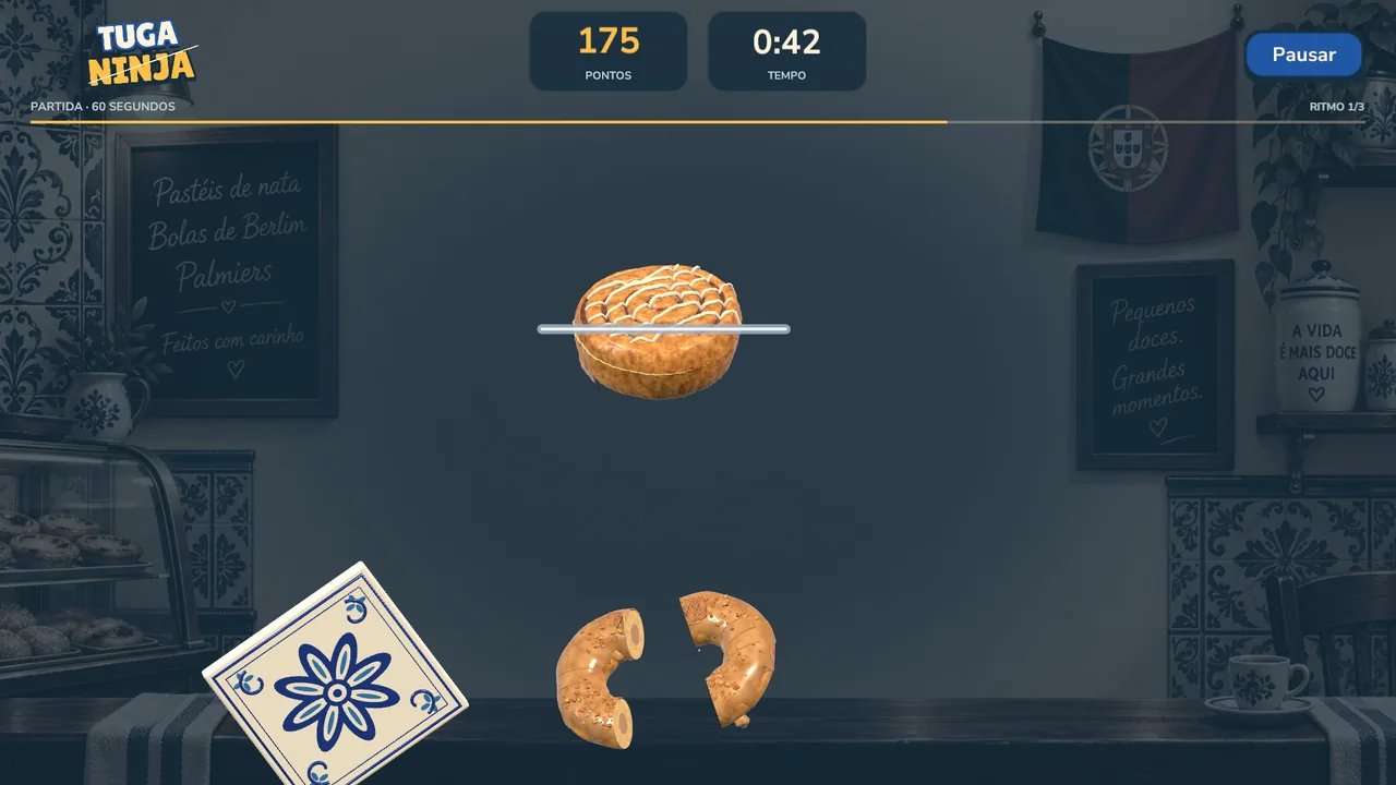 Tuga Ninja timed round: pastries and hazards in a bakery scene, with score and remaining time at the top.